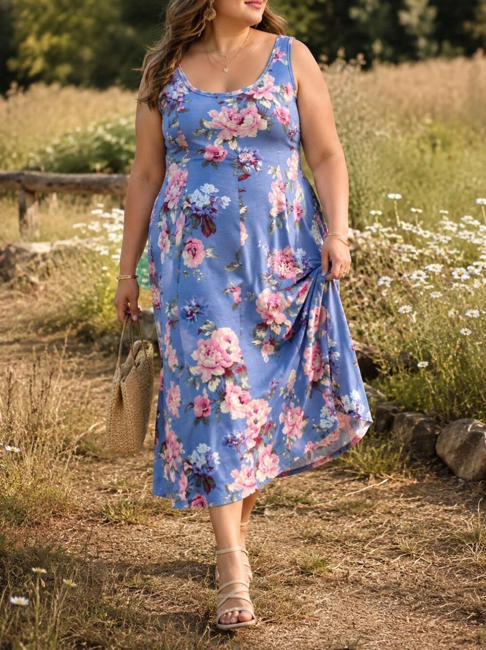 Gap Blue Floral Linen Maxi Dress Pink Rose Print Sleeveless Scoop Neck